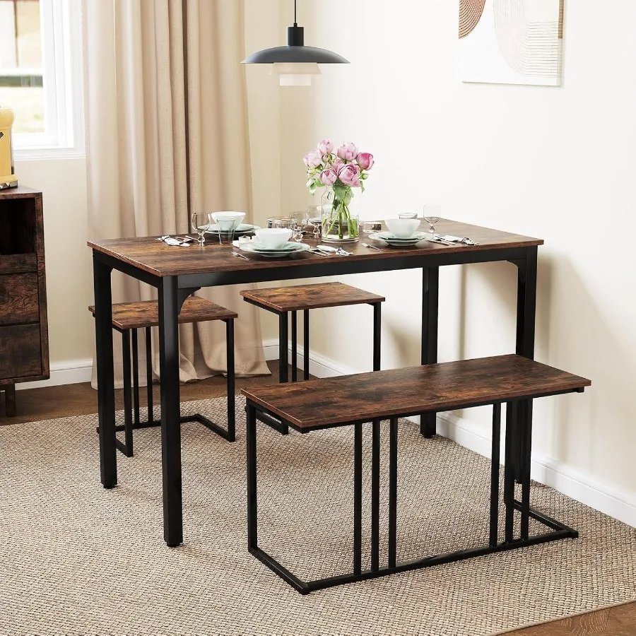 GOFLAME 4Piece Dining Table Set for 4 Rectangular Wood Dining Table with Beh 2 Stools Industrial Kitchen Table Set SpaceSaving