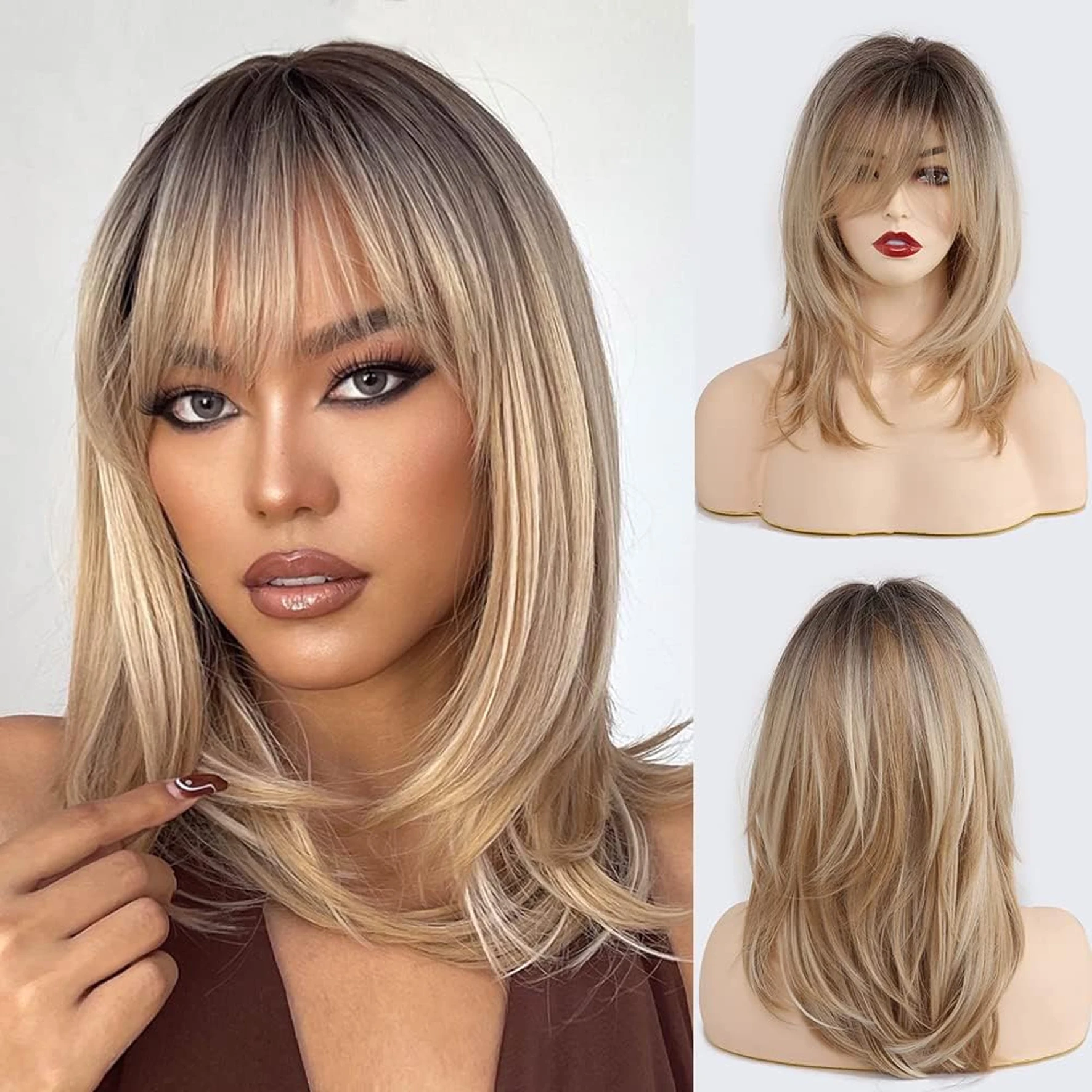 Ombre Color Blonde Wig with Bangs Long Straight  Wigs for Women Synthetic Wig Dark Roots for Daily Party Cosplay