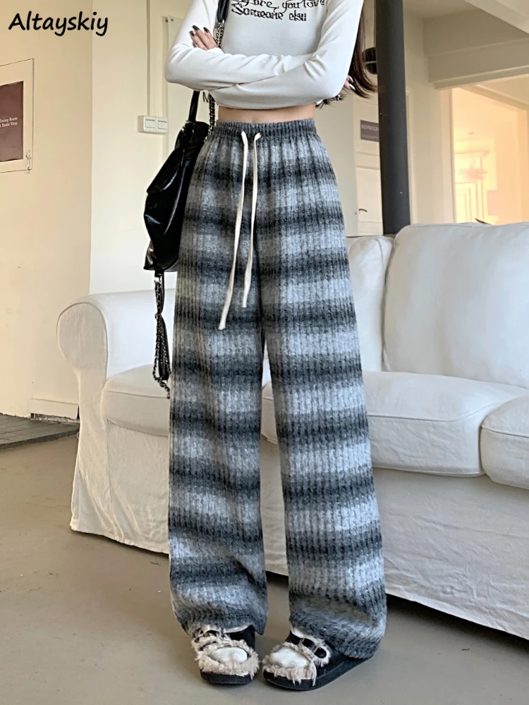 

Plus Velvet Pants Women Panelled Striped Thicker Wide Leg Warm All-match Korean Fashion High Waist Autumn Winter Chic Y2k Girls