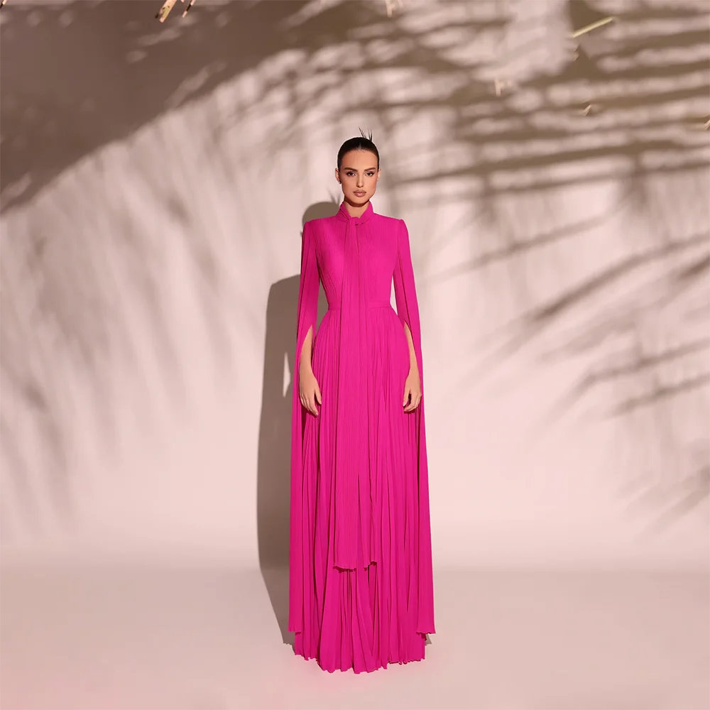 

Long Evening Dress Floor Length High Neck Pleated A Line Evening Gowns for Women Long Sleeves Formal Party Dresses Customized