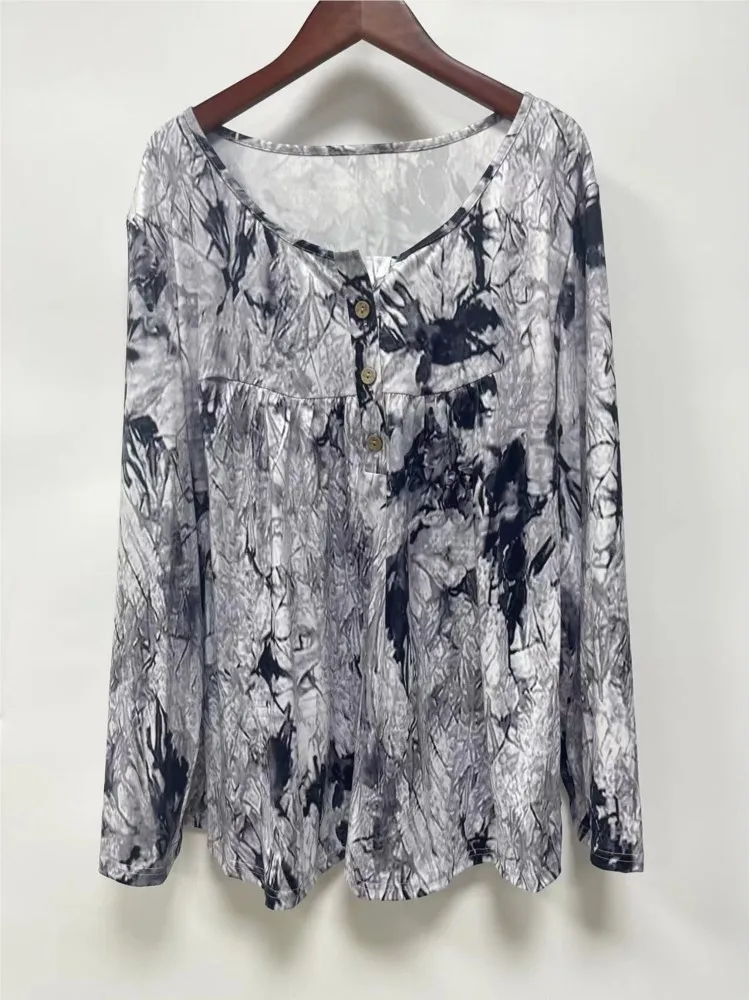 Women's Autumn Casual V-neck Top Fashionable Printed Tie-dye And Smudge Button Long Sleeves Top 2025 Women's Loose Commuter Wear