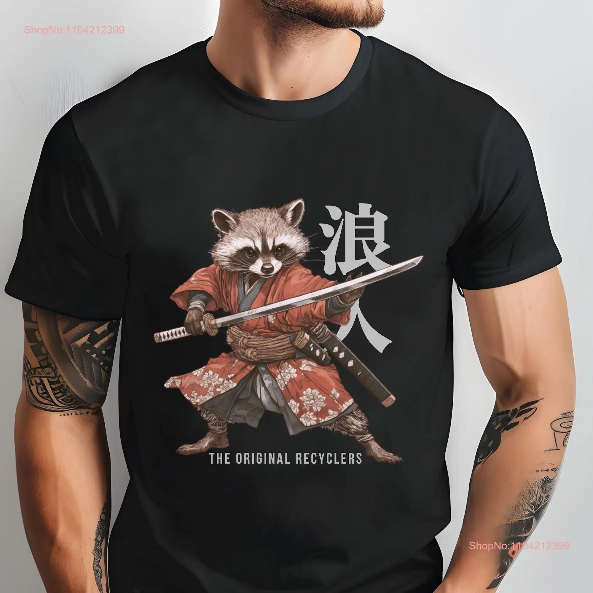 Japanese Ronin Raccoon T Shirt The Original Recyclers Unique Animal Art tee Eco Friendly Message for Wildlife Lovers