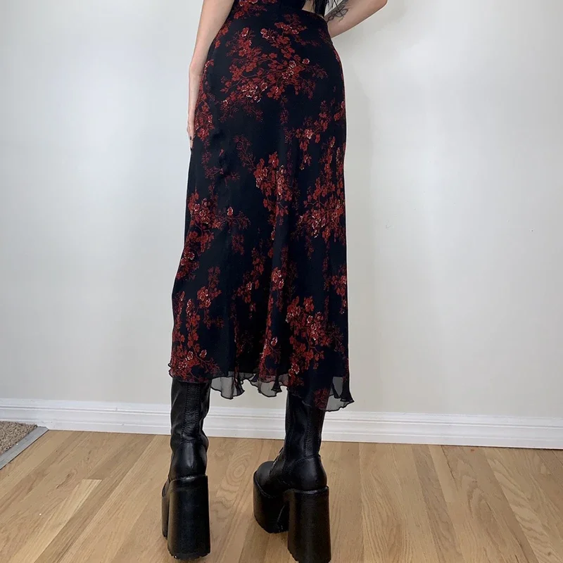 Jupe mi-longue à imprimé floral rétro pour femmes, taille haute, ligne A, batterie, demi-robe, grunge, jupes longues, années 90, streetwear E-Girls, Y2k