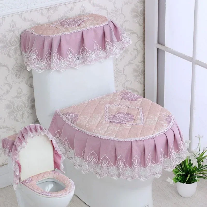 Pattern Lace Toilet Cover Jacquard Fabric Warm with Zipper Toilet Seat Cushion Three-piece Set Fully Enclosed Toilet Slipcover