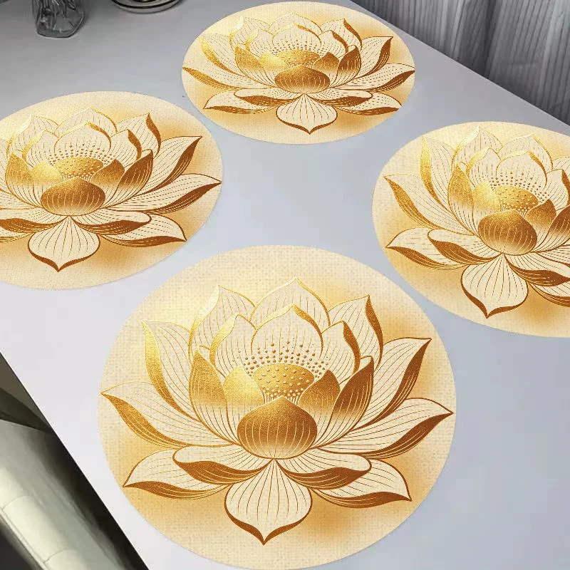 VIKAMA New Chinese Gilded Round Linen Placemats, Heat Resistant Table Mat for Dining Table Kitchen Home Decor
