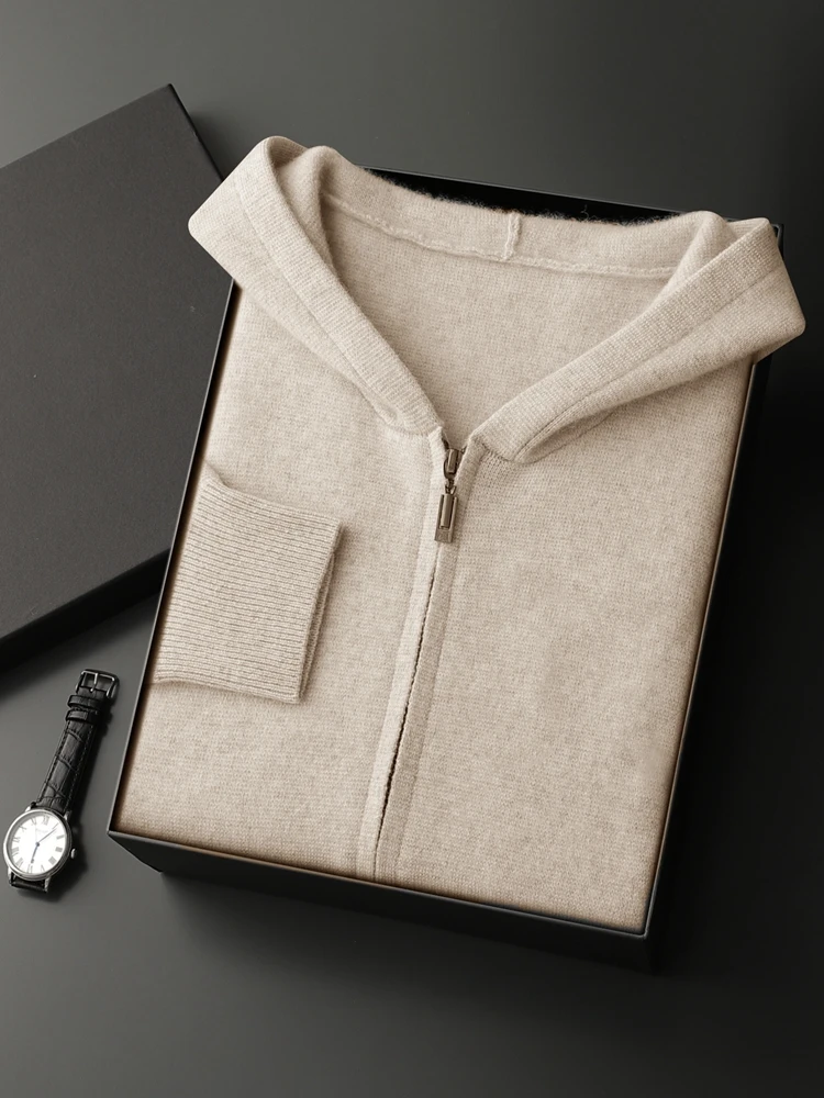 

Smart Casual Men's Basic Hooded Cardigan Autumn Winter 100% Cashmere Sweater Thick Soft Warm Zipper Knitwear Luxury Clothing Top
