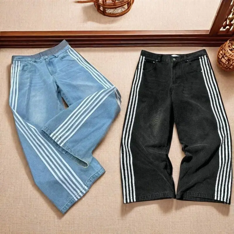 

American striped design jeans harajuku straight wide leg pants loose casual denim pants vintage streetwear joggers men clothing