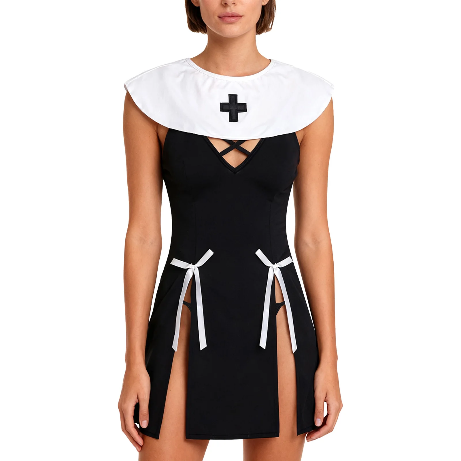 

Women Lingerie Nun Role Play Dress with Collar And T-back Briefs Open Back Bows Decor Split Hem Mini Dress Lingerie Nightwear