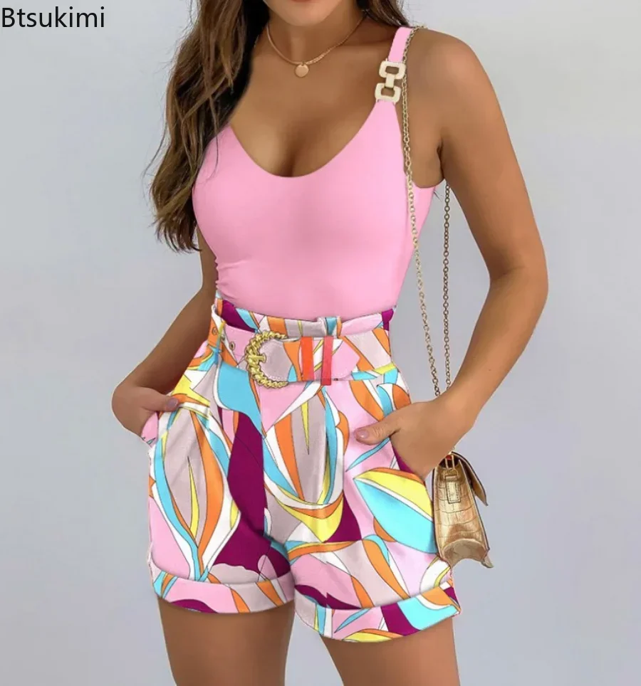 2025 Women Summer 2pcs Suit Sets Sleeveless Floral Print Cami Tanks and Shorts Set High Waist Matching Sets Female Elegant Sets