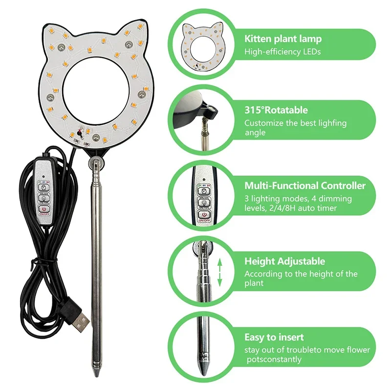 Lampada da coltivazione a LED a luce di riempimento a spettro completo per piante da interno con altezza regolabile, timer 2/4/8H dimmerazione a 4 livelli per giardino