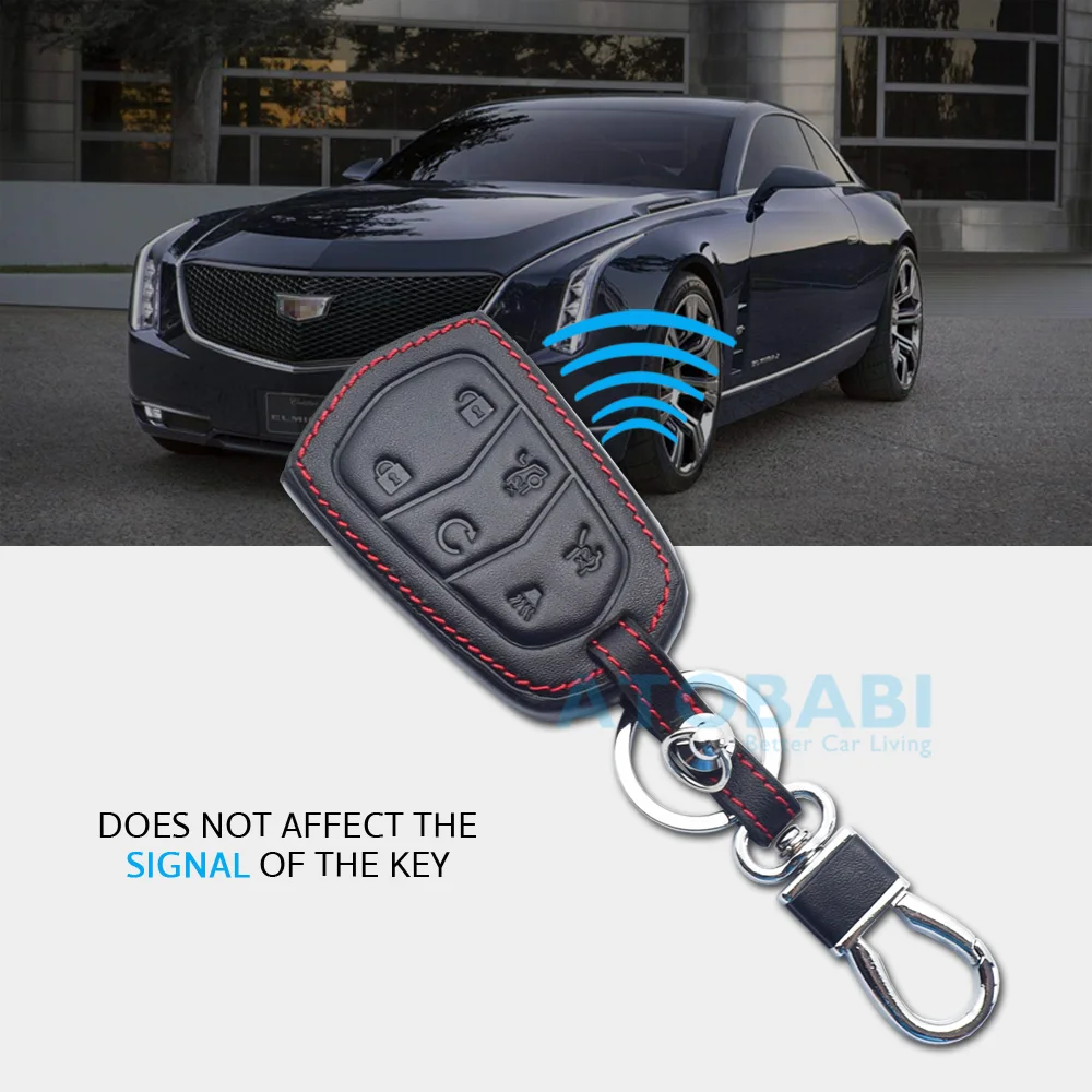 ATOBABI Leather Car Key Case Keychain For Cadillac Escalade IV 2016 2017 2018 2019 2020 6 Buttons Smart Keyless Remote Fob Cover