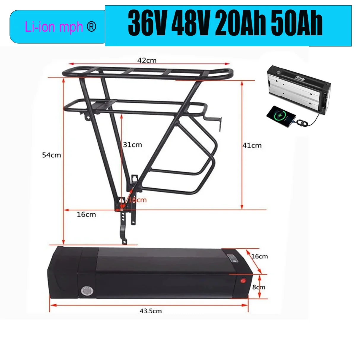 New 48V 52V 36V Original High Quality 30AH 40AH 50AH Rear Rack Batteria Pack For 2000W 1500W 1000W 750W 500W 350W Motor + Charge