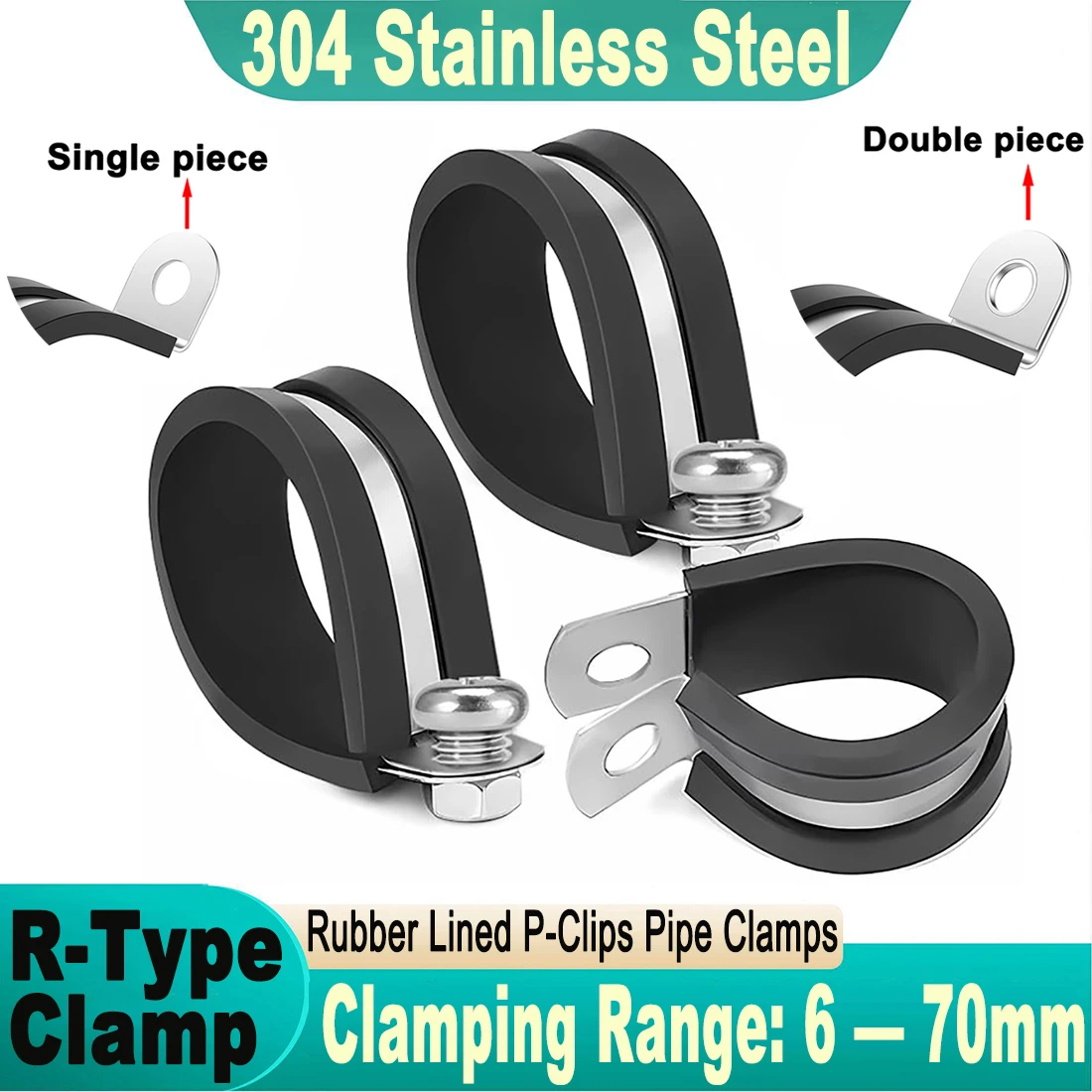 2PCS Rubber 304 Stainless Steel Cable Clamp Pipe Metal Cushioned Insulated R Shape Wire Cord Installation Fixed Bracket Clamps