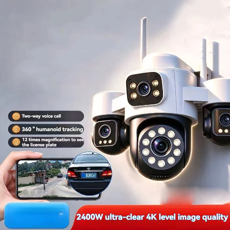 4K 8MP Home Security Outdoor WiFi Camera 4 Lens 3 Screen 360° 16X Zoom Human Detection Auto Tracking PTZ Cam Security Protection