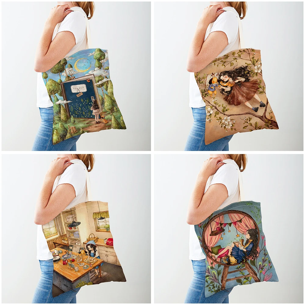 Cute Cartoon Girl Fashion Shopping Shoulder Bag for Women Shopper Bags Double Print Casual Children Canvas Tote Travel Handbag