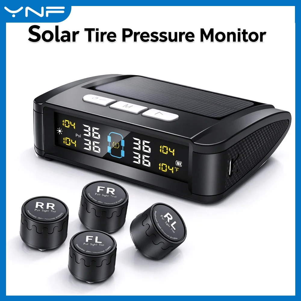 YNF Solar TPMS, 4 External Sensors, Tire Pressure & Temperature Monitor, Solar/USB Powered & Temperature Warning for Cars
