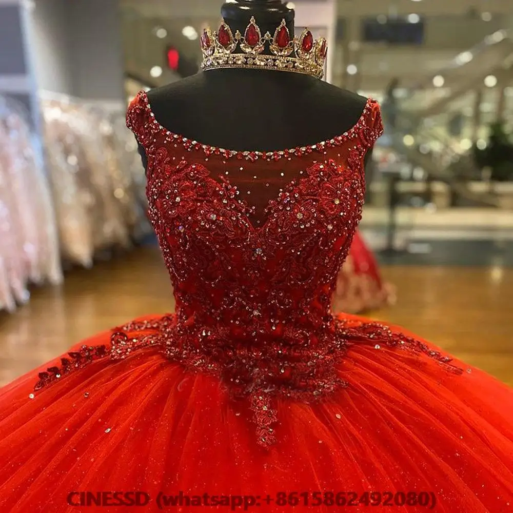 Rood Van De Schouder Kristallen Kralen Baljurk Quinceanera Jurk Gelaagde Rok Appliqueert Kanten Strik Vestido De 15 Anos Sweet 16