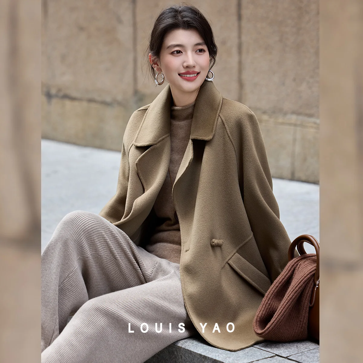 LOUIS YAO 100% Wool Women's Coat 2026 Autumn Winter Mid Length Double Faced Wool Overcoat Elegant Style Cashmere Feel Outerwear