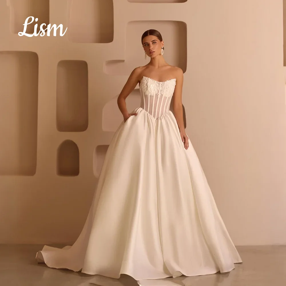 Lism Customized New Arrival Strapless Boat Neckline A-Line Satin Wedding Dress Lace-up Back Floor Length Sweep Train Gown 2026