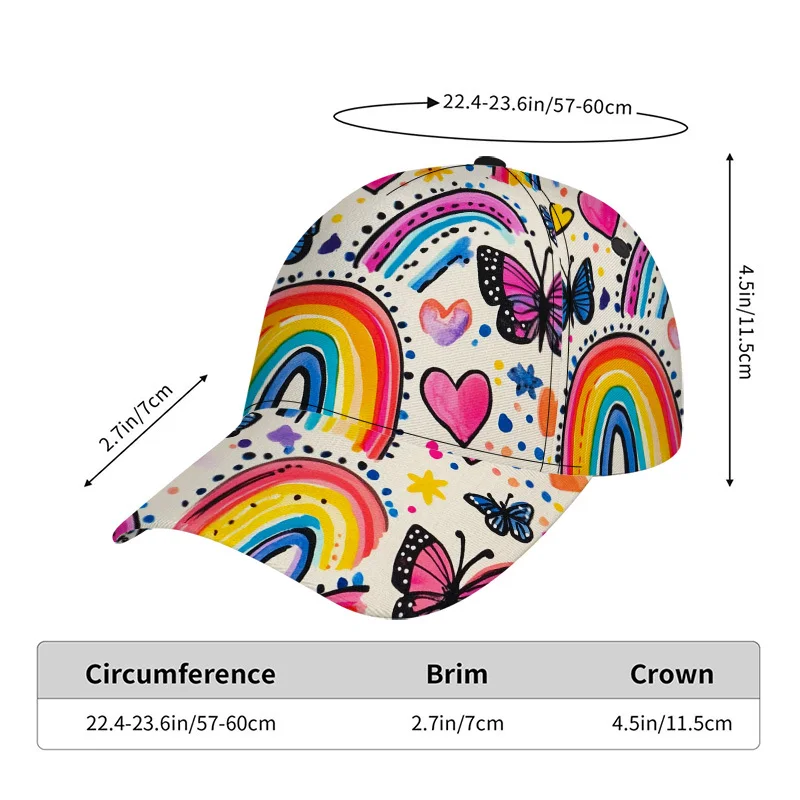 Rainbow Butterflies and Hearts Print Classic Baseball Cap Comfortable Adjustable Duckbill Hat Ideal for Daily Wear Lightweight