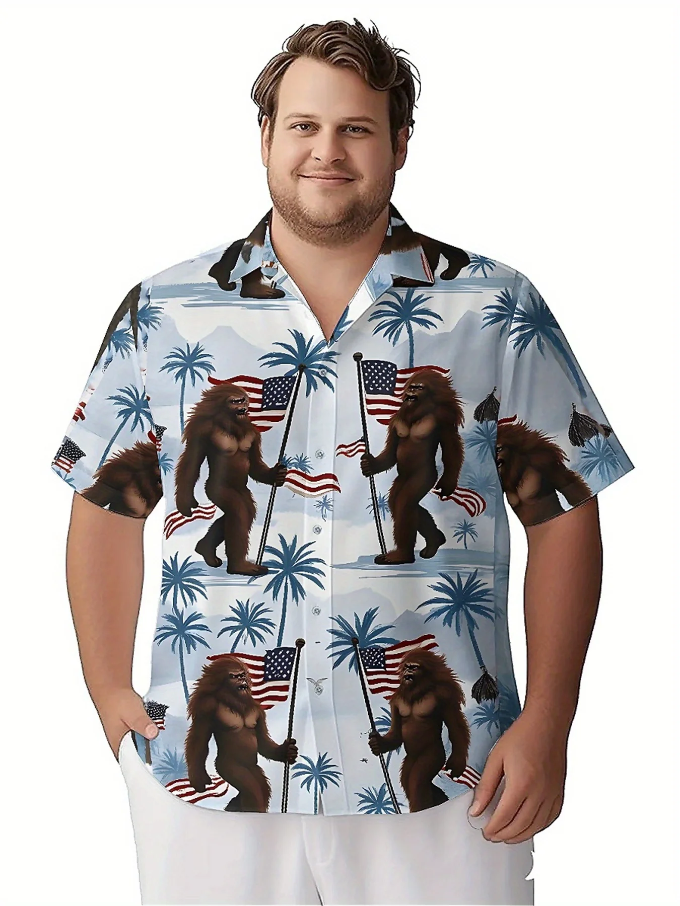 Men's Plus Size Hawaiian Shirt Sasquatch and American Flag pattern, Fashionable Aloha Shirt, Summer Casual Top,3D Unisex Clothes