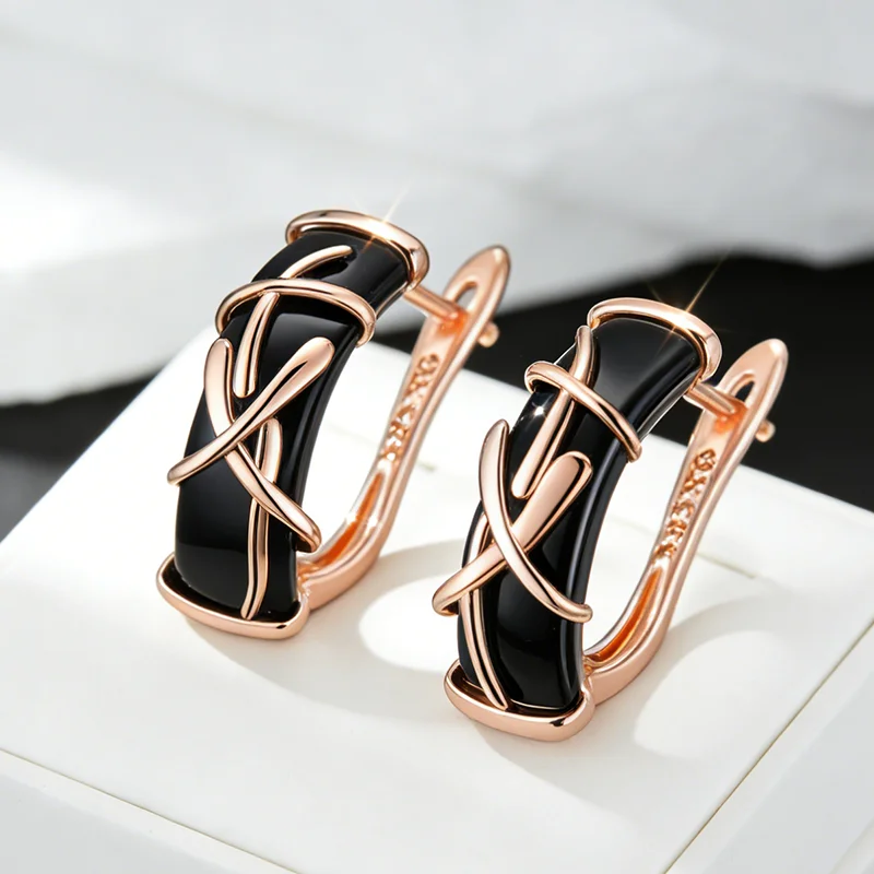 Wbmqda 19*7mm schwarze Keramik-Tropfenohrringe für Frauen 585 Roségold Farbe Modeschmuck Accessoires Geschenk