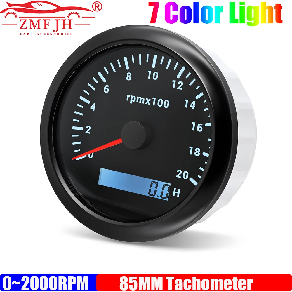 85MM Tachometer with Hourmeter 7 Color Light 0-2000RPM Gauge for Marine Boat Yacht Automobile Car Waterproof IP67 Meter 9-32V