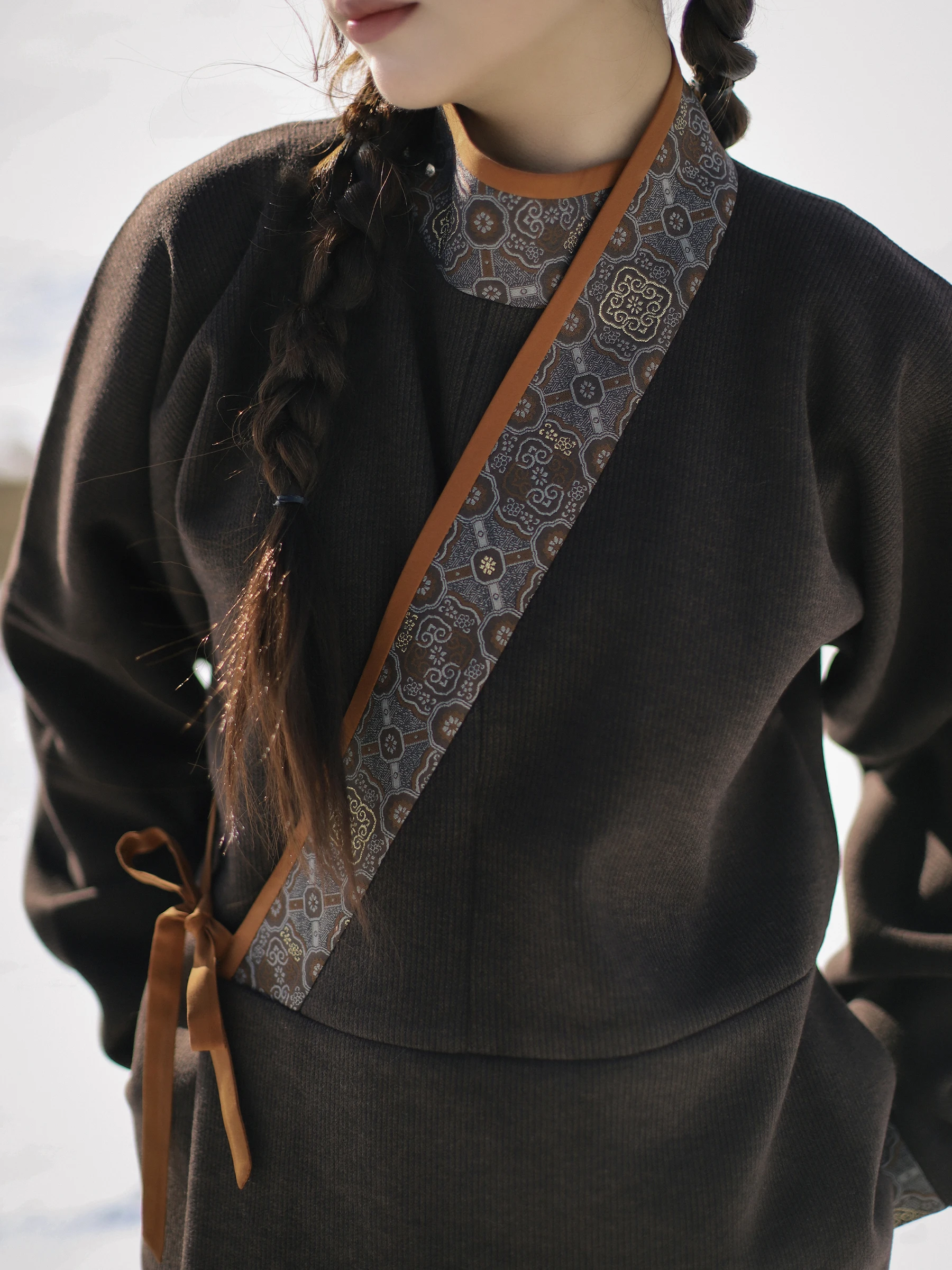 

Brown Wind Passage Inner Wear Fce Lined Jin Dynas Sle irt with kets for Autumn Winter Hanfu Top Women's Clothing