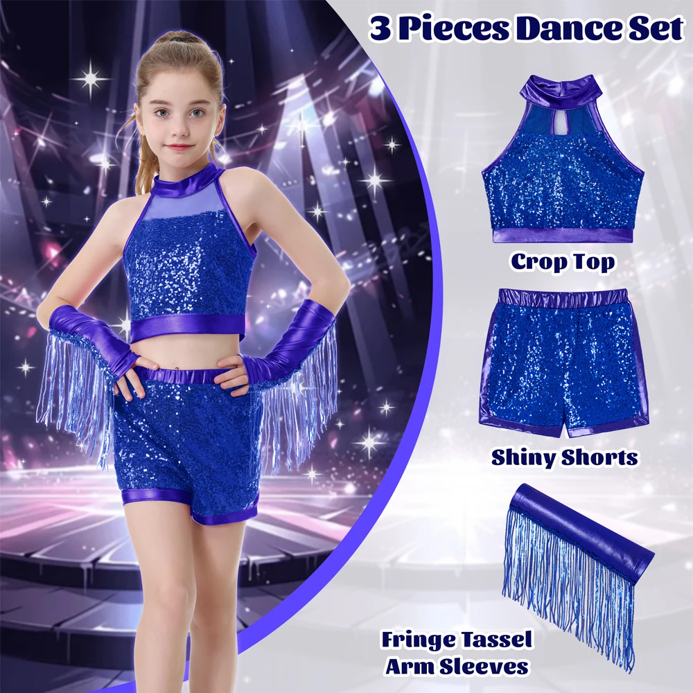 LOlanta Girls Sequin Dance Outfit Crop Sequin Top Metallic Shorts with Tassel Arm Sleeves Recital Costumes 5-13 Years