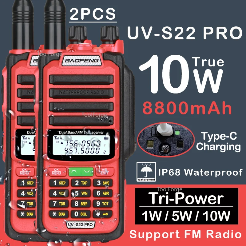 2PCS Baofeng UV-S22 PRO IP68 Waterproof True 10W Power Walkie Talkie Type-C Charger Powerful UHF VHF Long Range UV-9R Plus Radio