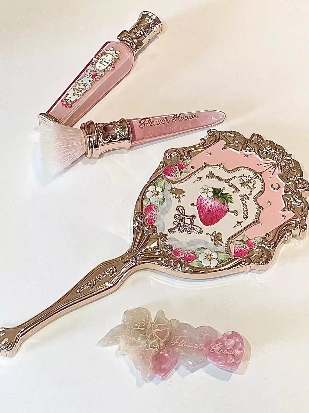 Flower Knows Strawberry Rococo Lip Glaze Hand-held Mirror Makeup Tool Portable Small Mirror to Carry Handle Mirror