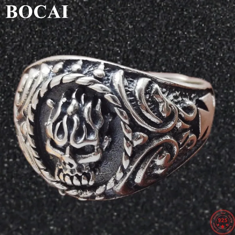 

BOCAI S925 Sterling Silver Rings for Men New Men's Fashion Domineering Flaze Skull-totem Adjustable Pure Argentum Jewelry