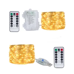 10M/20M LED USB/Battery Copper Fairy Lights Christmas Garland Remote Control String Lamp For Wedding Party Camping Home Dec