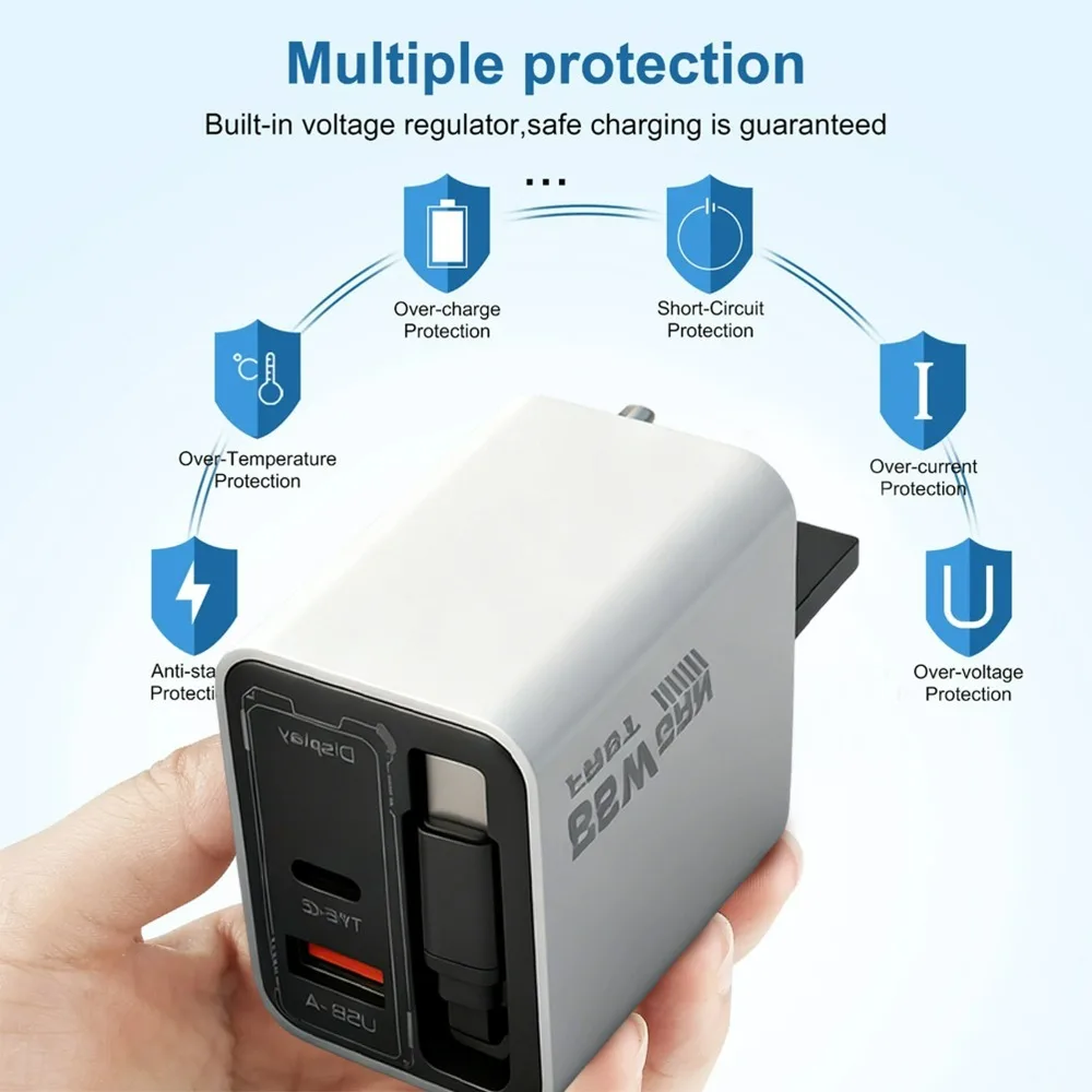 65W GaN Digital Display Fast Charger Built-in Retractable Cable USB Type-C Ports Charger for IPhone 16 17 Xiaomi Samsung Huawei
