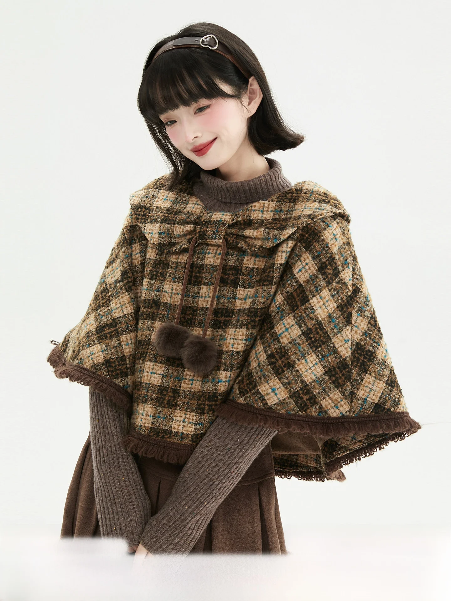 

Caramel round Dance Original Retro Plaid Tassel ort Fce Lined Woolen Cloak Coat for Women Sweet Sle Casual Wear