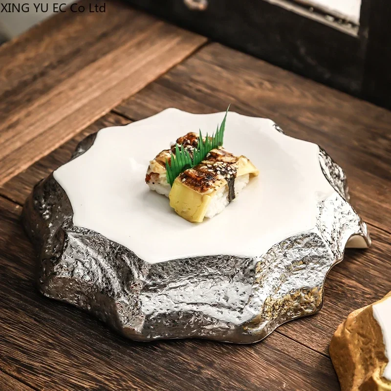 Japanese-style Stone Pattern Special-shaped Ceramic Plate Main Course 8.57 Inch Dinner Plate Thick-sided Plate Retro Tableware