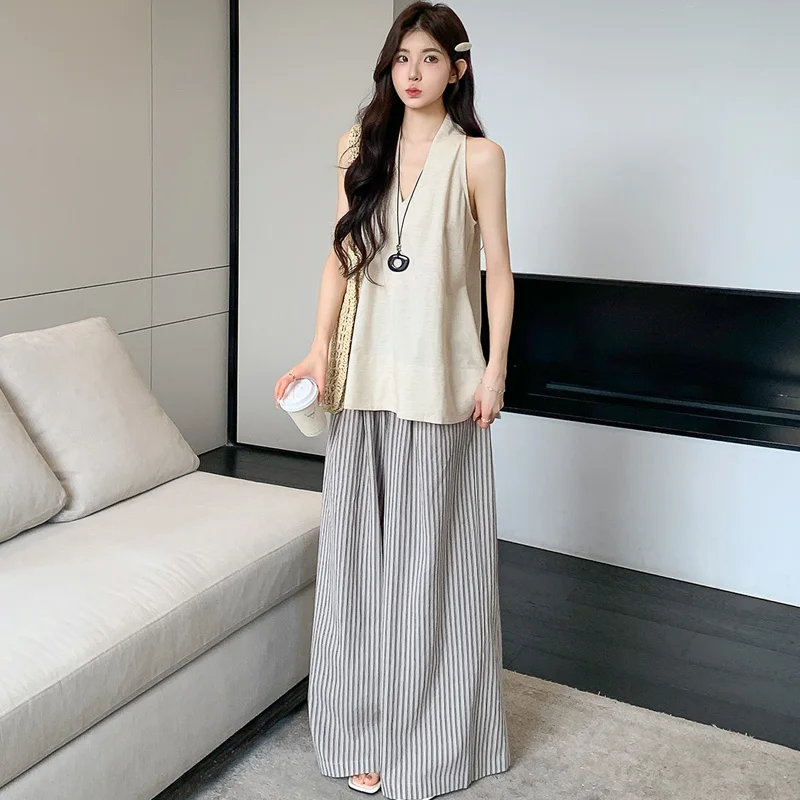 

Женский летний наряд без рукавов с v-образным вырезом, хлопковый льняной топ, широкие брюки, комплект брюк-двойка, крутой комплект