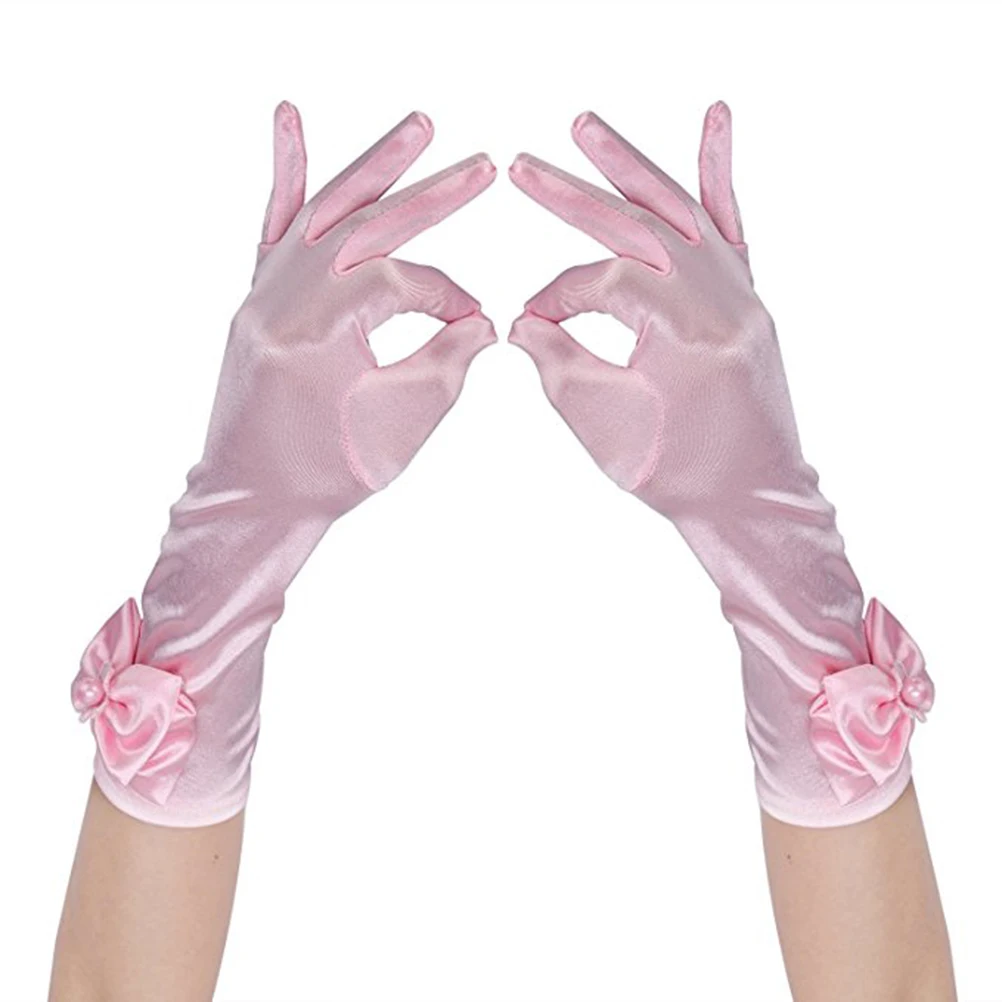 

Flower Girl Gloves Short Bowknot Design Elegant Gloves For Wedding Church Baptism Halloween Costume Party Size L Pink