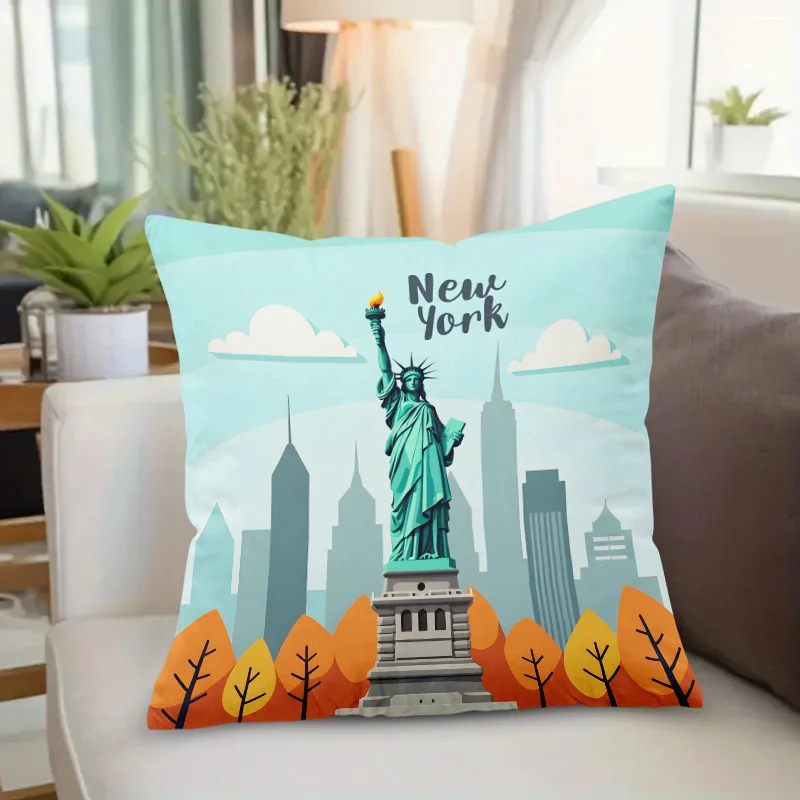 Statue of Liberty New York skyline pillow cover colorful geometric autumn leaves design 45x45cm for living room bedroom decor
