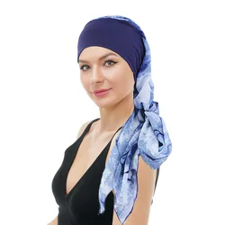 New Muslim Women Hijab Head Wrap Pre-Tied Headwear Cancer Chemo Flower Printed Elastic Turban Cover Hair Loss Head Scarf Bandana