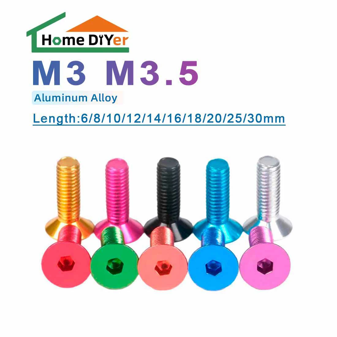 10PCS DIN7991 Aluminum Allen Screws M3 M3.5x6/8/10/12/14~30mm Flat Hex Socket Countersunk Head Screws Bolts Anodized Color