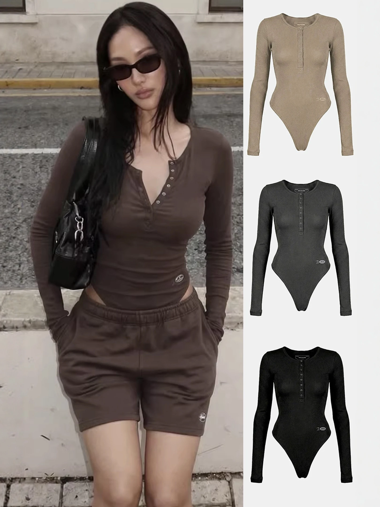

American Hot Girl round Neck Long Sleeve Jumpsuit Women's Sexy Slim Commute Jumpsuit High Waist Short Pants Spring 2026