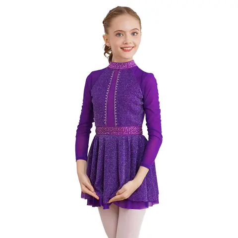 Teen Girls Figure Skating Performance Costume Long Sleeve Shiny Mesh Leotard Dress Dancewear for Lyrical Dance Ballet Gymnastics