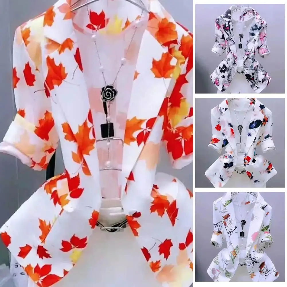 

Thin Jacket Sunscreen Office Blazer Simple Maple Leaves Print Thin Suit Coat