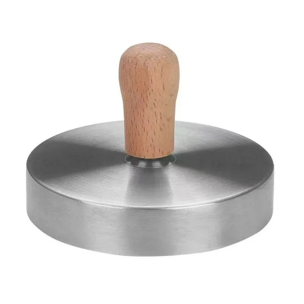 Round Hamburger Patty Maker Mold Non-Stick Stainless Steel Burger Meat Press Thickness Adjustable Wood Handle