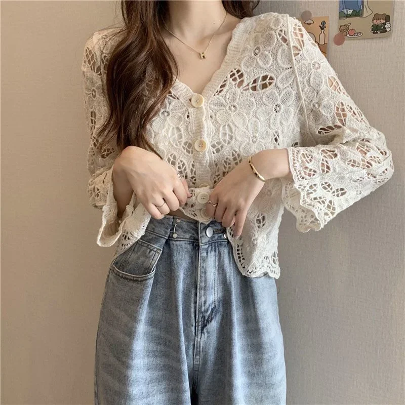 Hollow Out Cardigan Women Knitted Summer Vintage Breathable Korean Style Ladies Temperament Thin Solid All-match Classic Casual