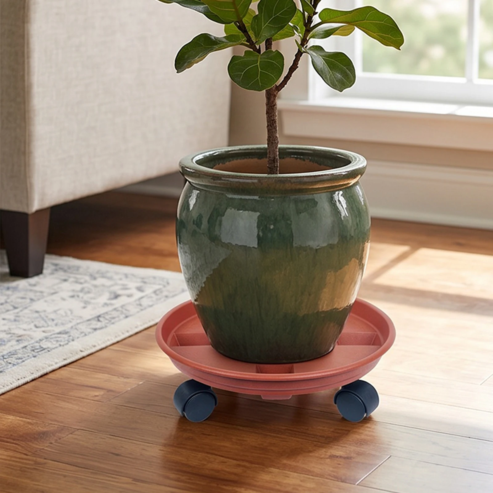 30cm Plastic Plant Caddy with Wheels Round Flower Pot Rack Holder with Drainage Rolling Plant Dolly for Indoor Outdoor