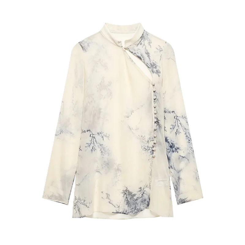Guobioziy 2026 Women's Shirt Fall New Beige Random Print Lightweight Sheer Romantic Blouse Elegant Style