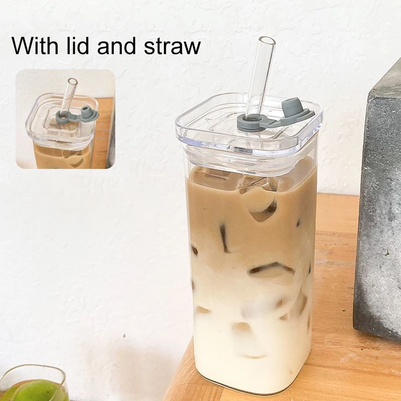 Square Heat Resistant Coffee Glass Cup With Lid and Straw Transparent Milk Tea Juice Cups Coffee Mug For Home Bar Drinkware