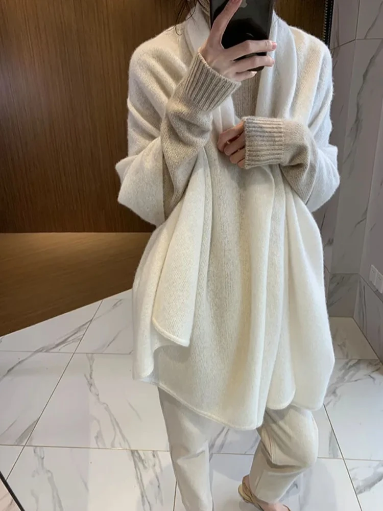 French 100% Cashmere Scarf Women's Autumn Winter Knitted Shawl Big Neck Elegant Pashmina Knitted Wool Cashmere  Scarf 2026 New
